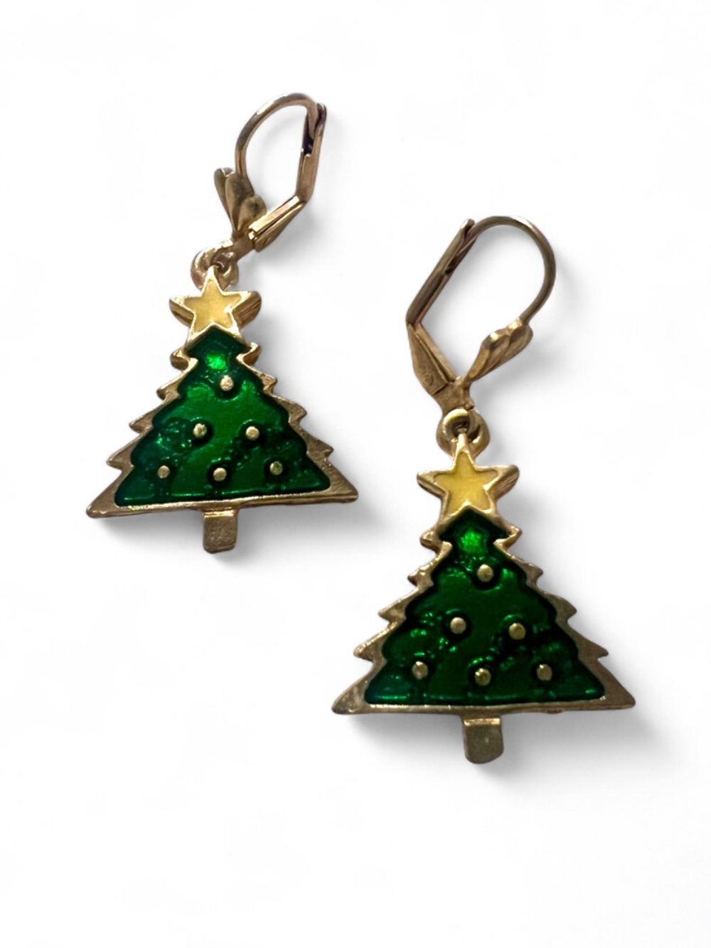 Gold-Tone Green Enamel Christmas Tree Drop Earrings